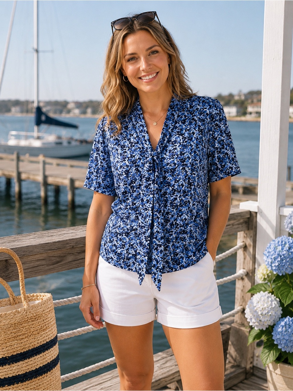 NWT Michael Michael Kors Blue Floral Tie Neck Blouse M - Picture 5 of 11